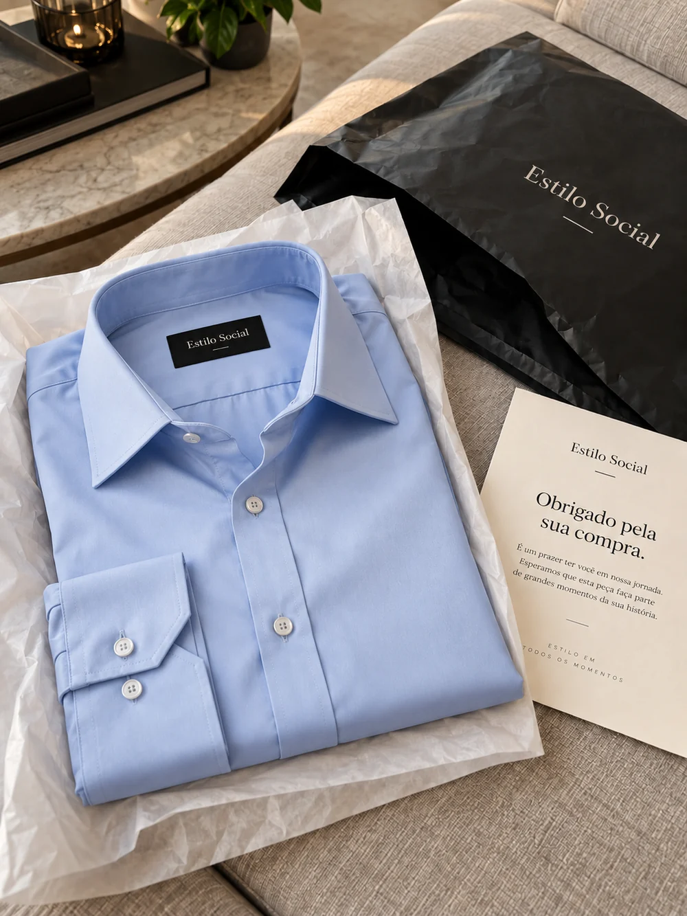 Apresentação da camisa azul claro com a embalagem