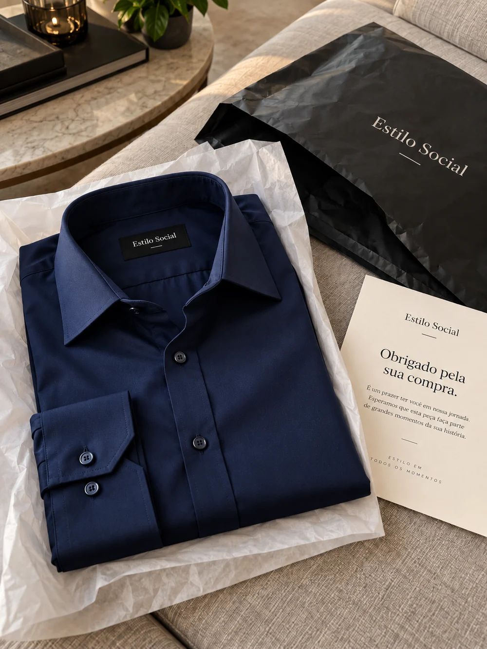 Apresentação da camisa azul marinho com a embalagem