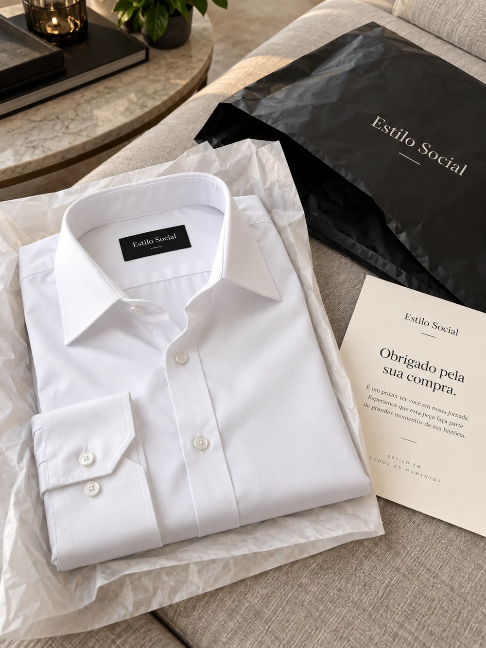 Apresentação da camisa branca com a embalagem
