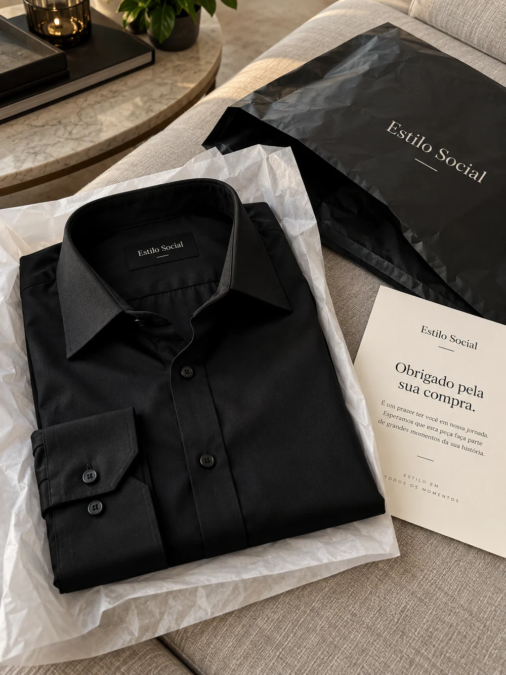 Apresentação da camisa preta com a embalagem